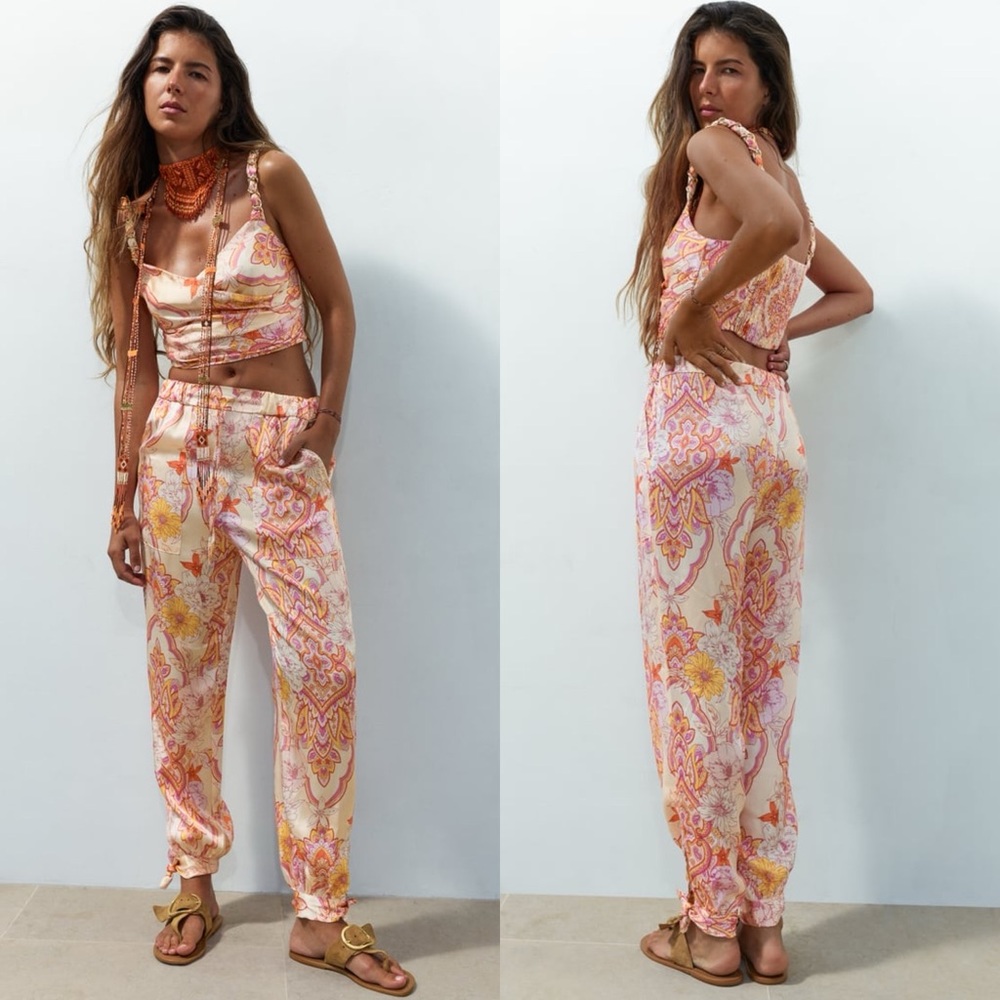 Zara Floral Paisley Print Satin Effect High Waisted Tie Ankle Pants Size M NEW